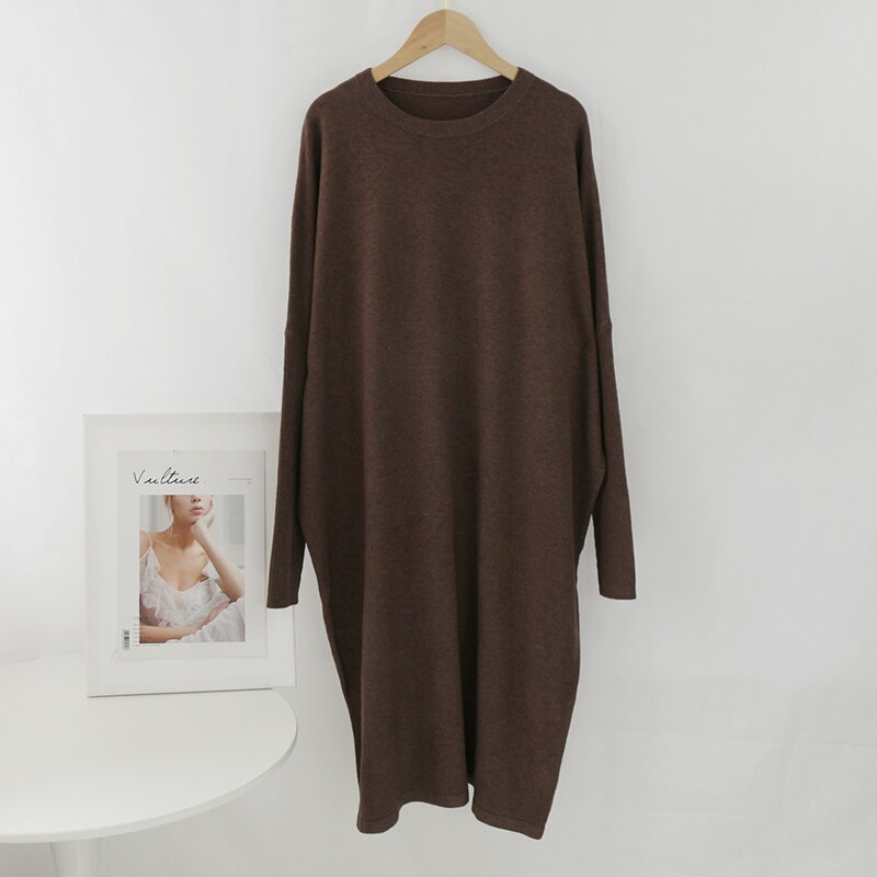 Aachoae lös o hals stickad tröja klänning kvinnor solid batwing långärmade mjuka klänningar hemstil casual midiklänning vestidos: Kaffe