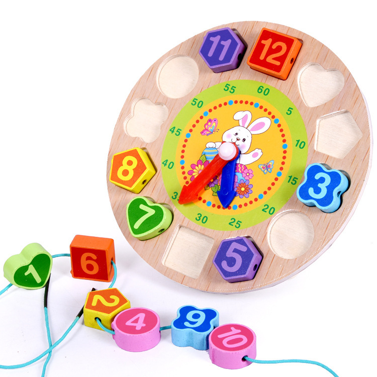 Children with Numbers Beaded Bracelet Clock Wooden Animal Clock Baby Geometric Shapes Cognitive Alarm Clock Building Blocks Cogn