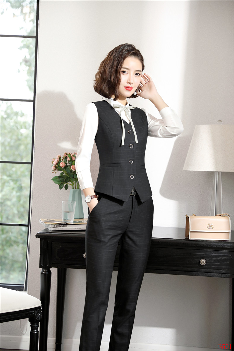 Formal Women Business Suits with Pant and Vest Set Work Wear Ladies Black Waistcoat Office Uniform Styles