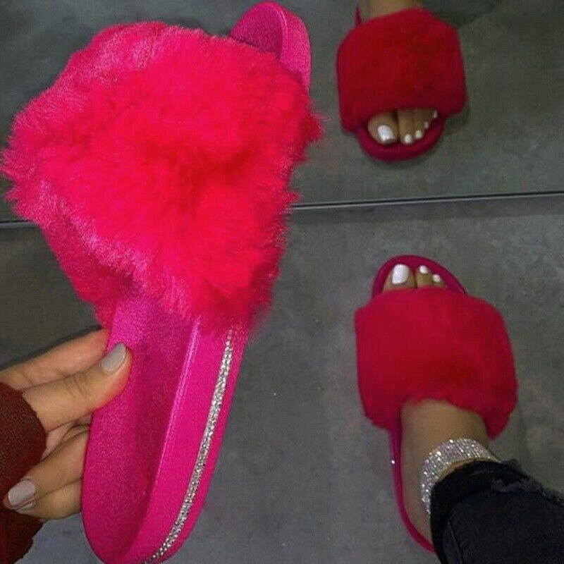 Strass lurviga tofflor dam päls hem fluffiga sliders plysch lurviga sommarlägenheter söta damskor storlek 37-41 lila rosa färg
