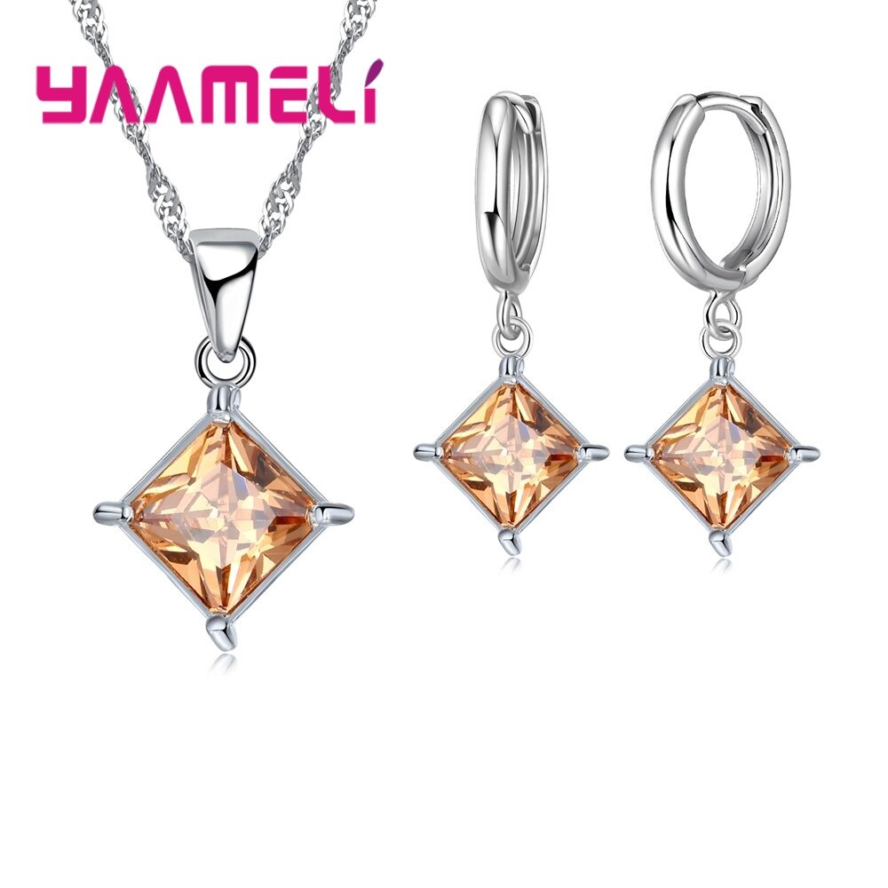 Authentieke 925 Sterling Zilveren Glanzende Cz Geometrische Klassieke Vierkante Huggie Oorbellen Ketting Sets Voor Vrouwen Fijne Sieraden: Champagne