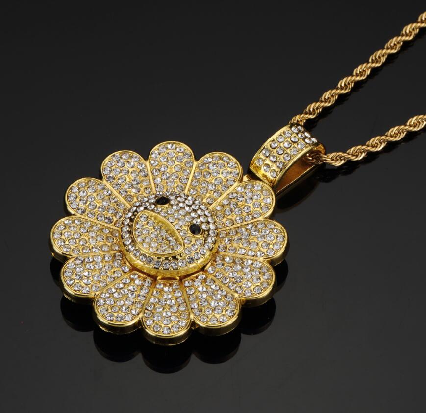 Men Hip hop Iced out bling Sun flower shape pendant necklaces rotatable popular Charm Necklace Hiphop jewelry: ZD03 / 50cm