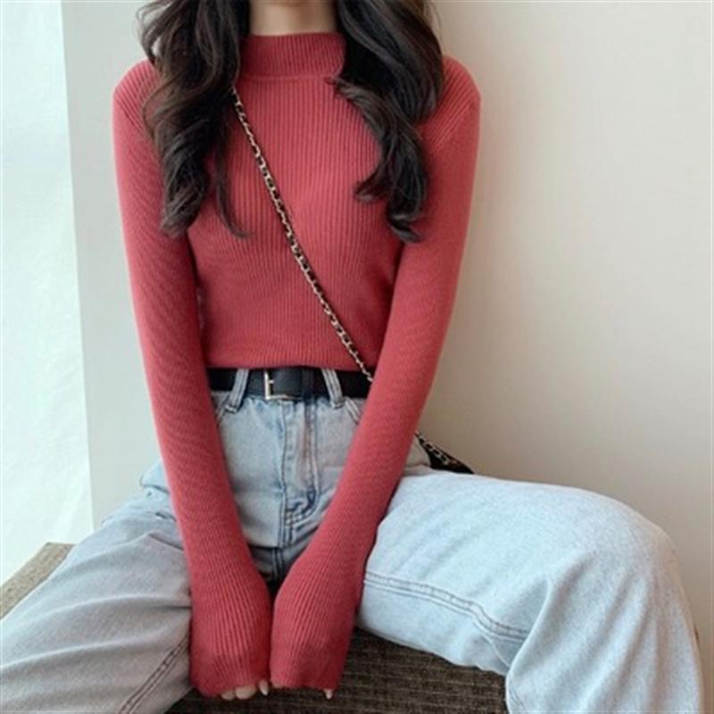 Zjaiss 2025 Herfst Basic Dieptepunt Trui Top Vrouwen Geribbelde Zachte Mock Hals Elastische Trui Warme Effen Kleur Slanke Jumper: bleke roze grijs
