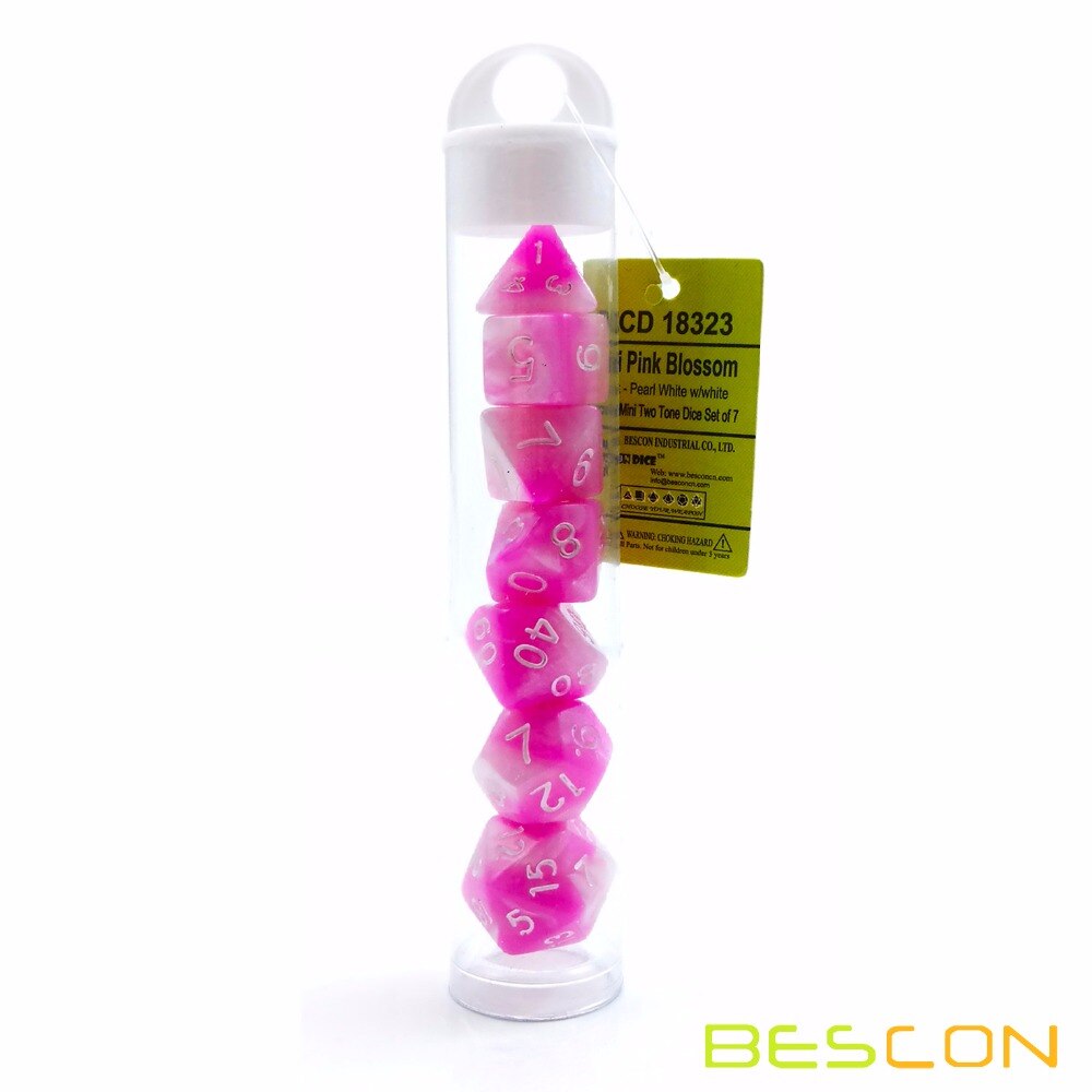 Bescon Mini Gemini Twee Tone Polyhedral Rpg Dobbelstenen Set 10 Mm, kleine Mini Rpg Rol Playing Game Dobbelstenen D4-D20 In Buis, Roze Bloesem