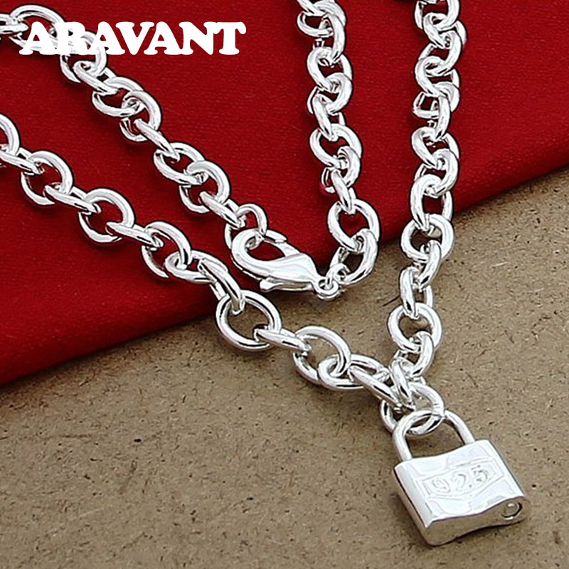 925 Silver Square Lock Pendant Necklaces Chain Women Men Charms Choker Necklace Jewelry