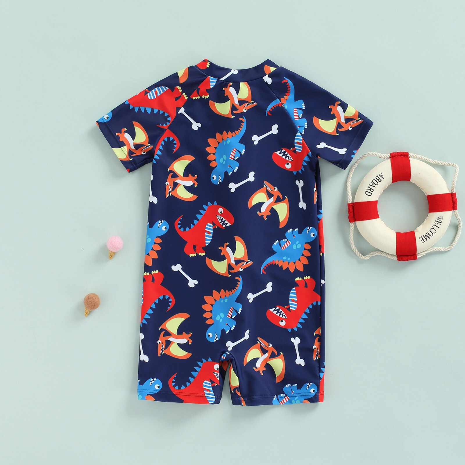 Art Baby Junge Schwimmen Strampler, kurzarm Stehen Nacken Reißverschluss Karikatur Dinosaurier Druck kurze Hose Sommer Strand Badeanzug 6M-5T