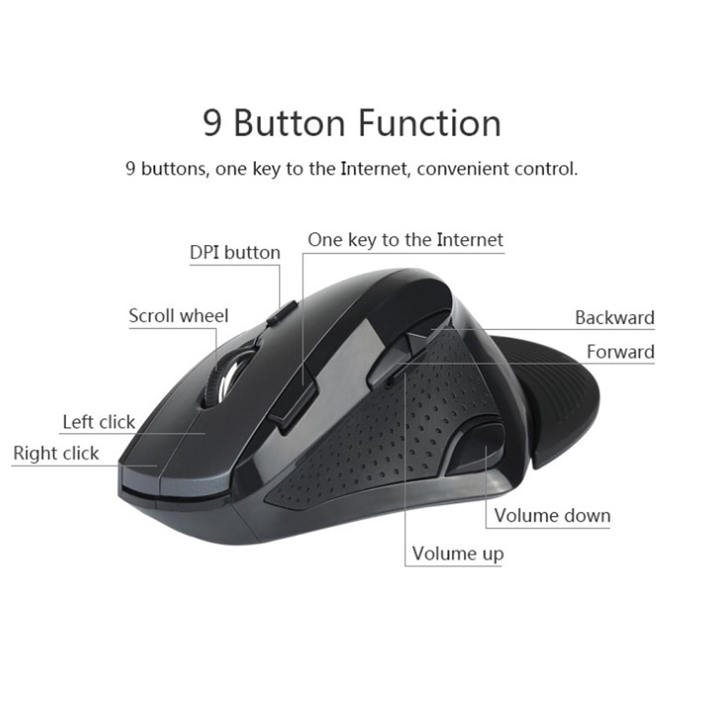 Delux M910 Wireless Vertical Mouse Ergonomic 2.4G 800/1200/1600/2400 DPI Adjustable 9 Buttons with Removable Palm Rest For PC