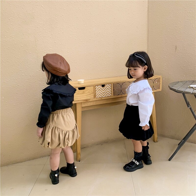 Jupe Style coréen pour petite fille, vêtement d&#39;automne, noir, kaki, taille élastique, volants, lanterne, citrouille, vêtements à la , , E218