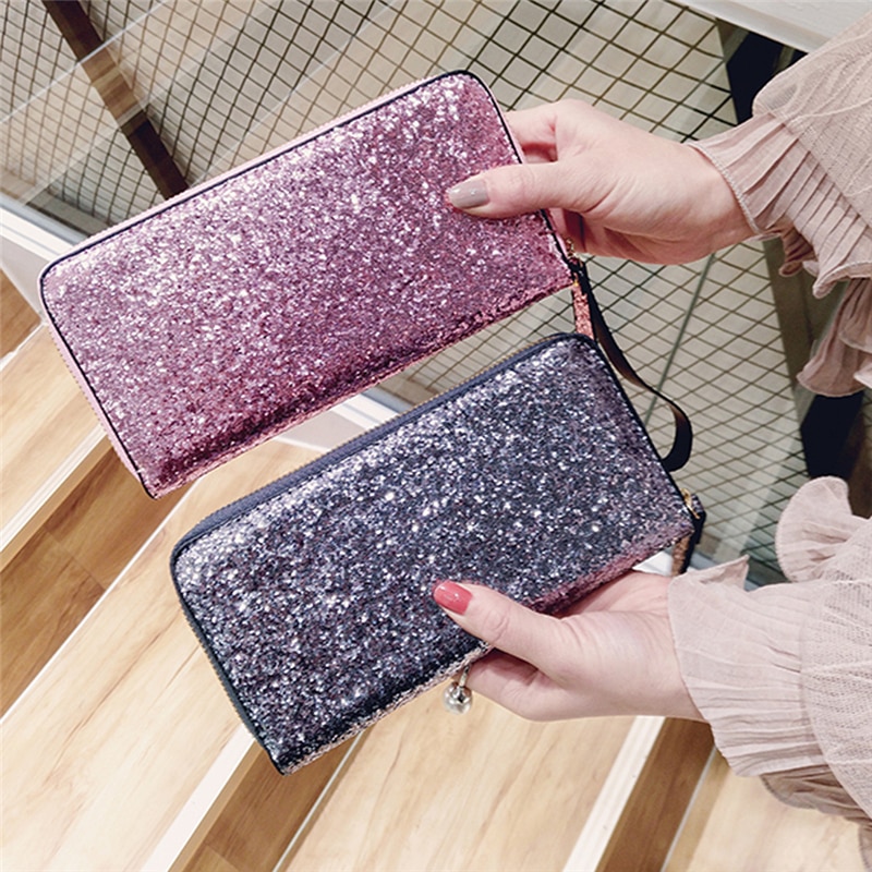 Moda legal lantejoulas carteira feminina carteira de mão longa brilhante bolsa de couro bolsa de armazenamento de cartão de crédito zíper glitter festa saco de armazenamento