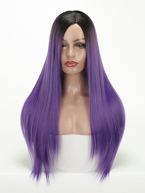 Lisi hår sort ombre lilla grøn paryk lange lige parykker syntetiske parykker til sorte kvinder kemisk fiber paryk 26 tommer: Sort ombre lilla