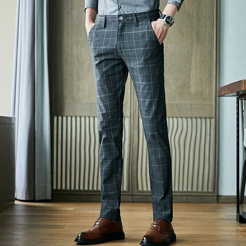 Otoño Invierno traje de negocios para hombres pantalón gris a cuadros Casual Slim Fit vestido pantalones Formal pantalones de boda Pantalon Homme