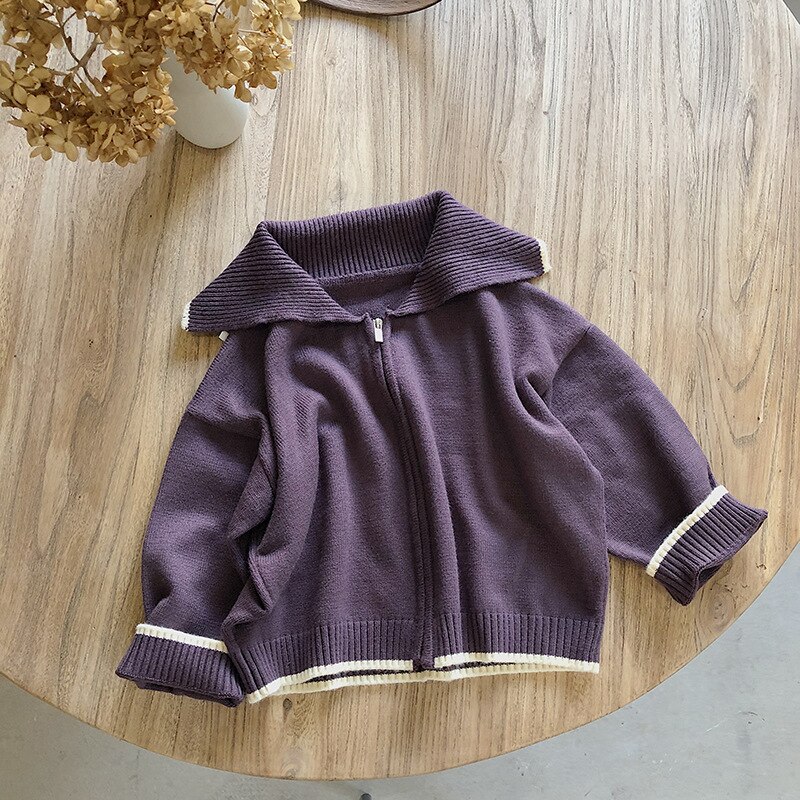 Enfants automne grand revers Cardigan chandails enfant en bas âge garçons et filles à manches longues infantile décontracté couleur unie fermeture éclair manteau hauts: dark purple / 80cm