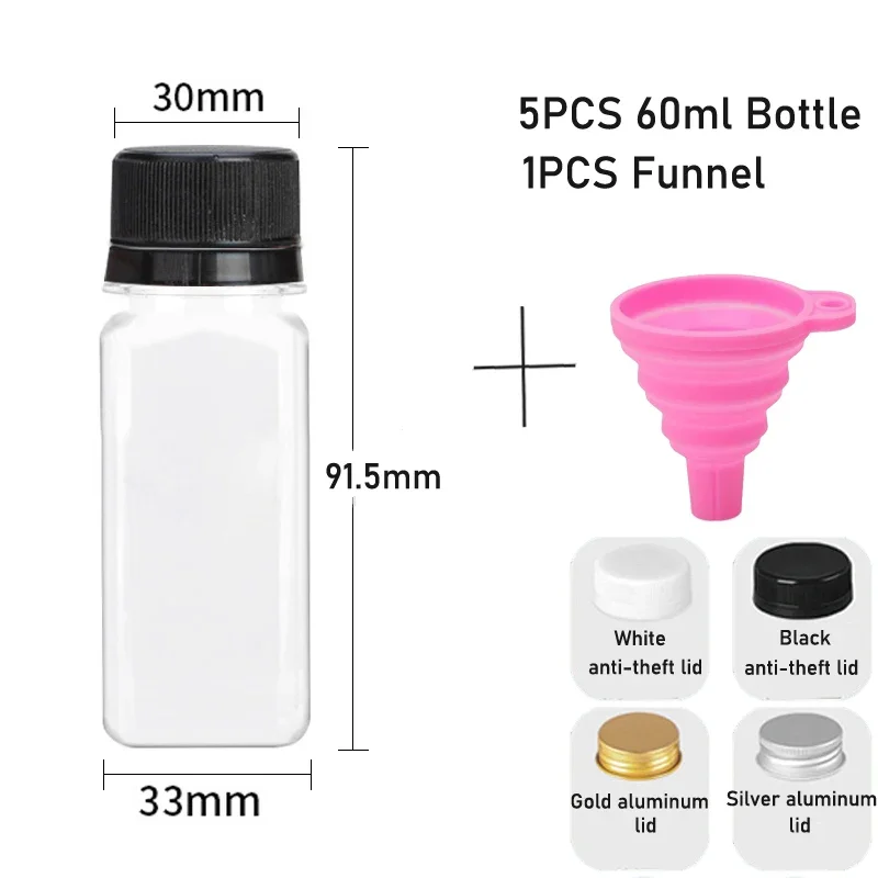 5 uds 60-500ML botellas de plástico transparentes vacías con tapas con embudo plegable contenedores de botellas de agua reutilizables para batidos de jugo DIY: Gris claro / 60 ml
