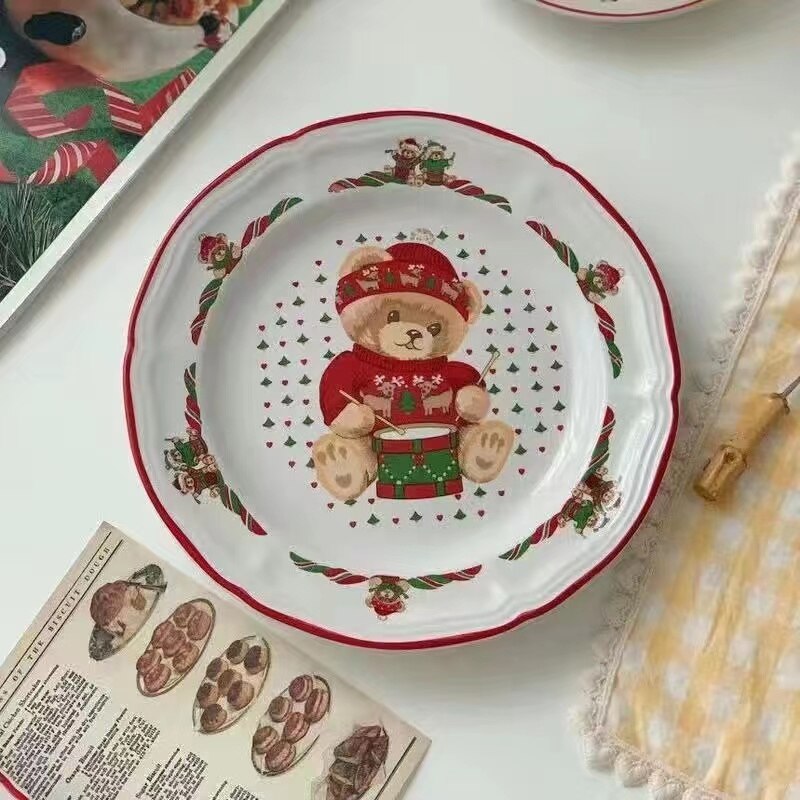 Korean Style Christmas Cartoon Gingerbread Man Ceramic Plate Candy Red Lace Cake Dessert Plate Charger Plates: Yellow