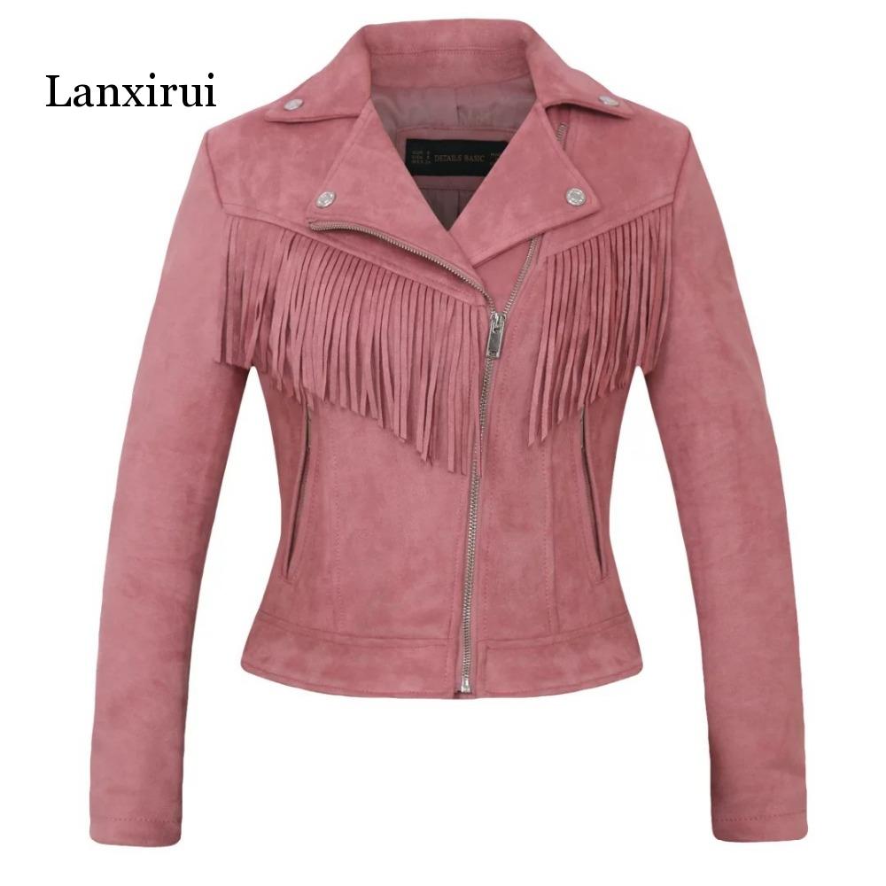 Autumn Winter Women Short Faux Suede Fabric Coat Slim Tassel Leather Jacket Women brown pink coats