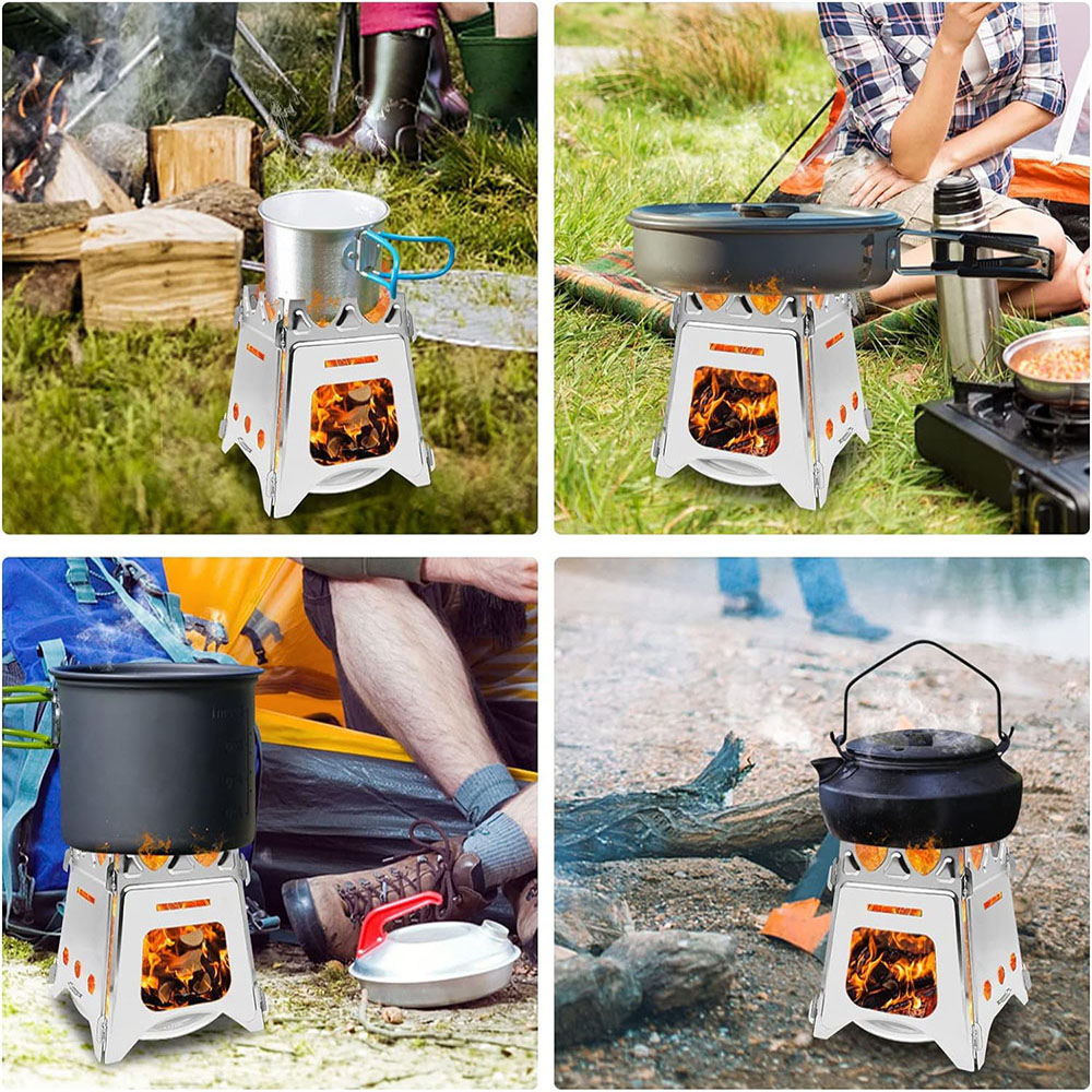 Draagbare campinghoutkachel met roestvrij staal Opvouwbare lichtgewicht brandhoutkachel voor buiten wandelen Reizen BBQ-picknick