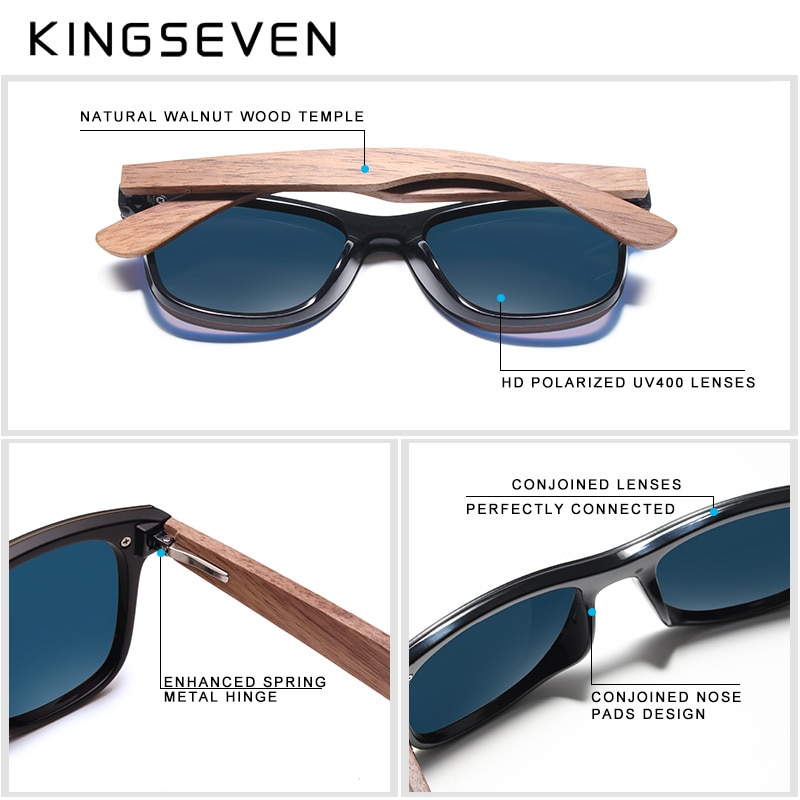 KINGSEVEN Luxury Walnut Wood Sunglasses Polarized Wooden Brand Rimless Mirrored Square Sun Glasses For Women/Men