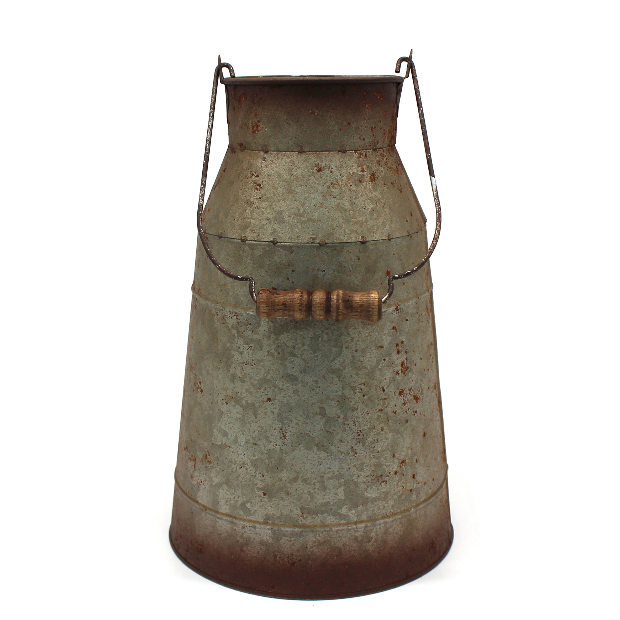 10 Inch Galvanized Metal Milk Can with Wooden Handle, Old Rustic Farmhouse Pitcher Jug Vase for Home and Garden Décor.