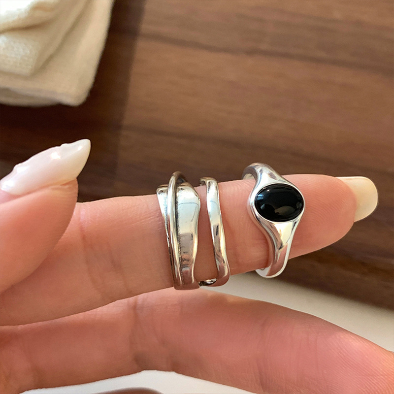 Anello da dito aperto in argento 925 pietra nera multistrato Punk geometrico impilabile per le donne ragazza gioielli regalo Dropship all'ingrosso