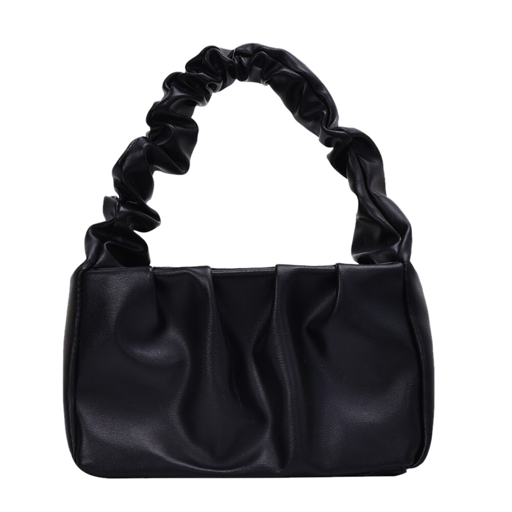 Pleated Ruffle Shoulder Handbags Women Ladies Shoulder Bag Handbags Retro Leather Female Travel Clutch Pouch: Black