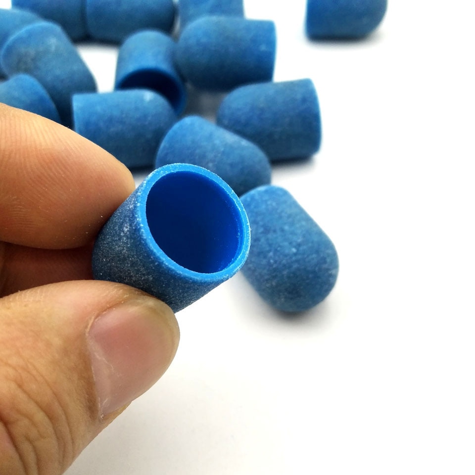 50 stuks 13*19mm Blauw Plastic Base Schuren Caps Met Rubberen Grip Pedicure Polijsten Zand Blok Boor Accessoires voet File Tool