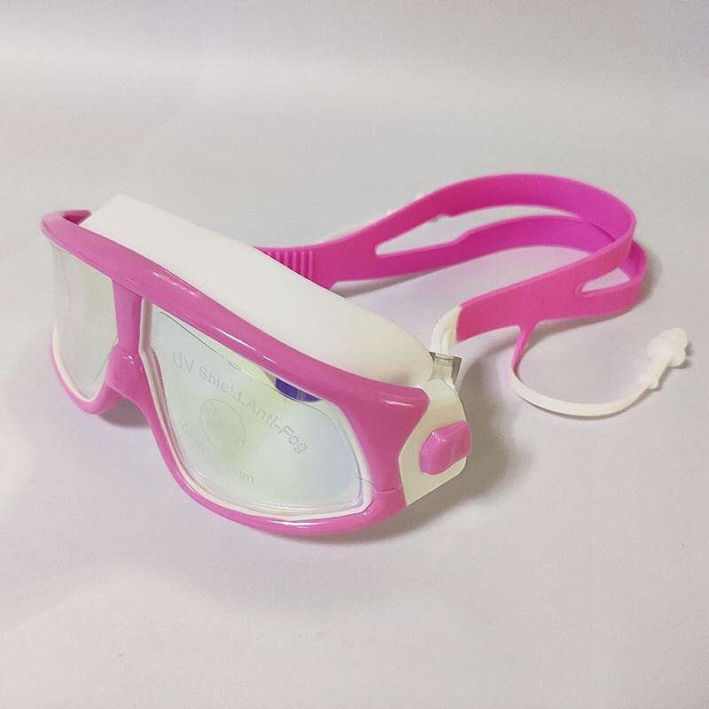 Kinderen Zwembril Cool Big Frame Een Stuk Oordopjes Kleurrijke Galvaniseren Anti-Fog Anti-Ultraviolet Zwemmen bril: Pink White