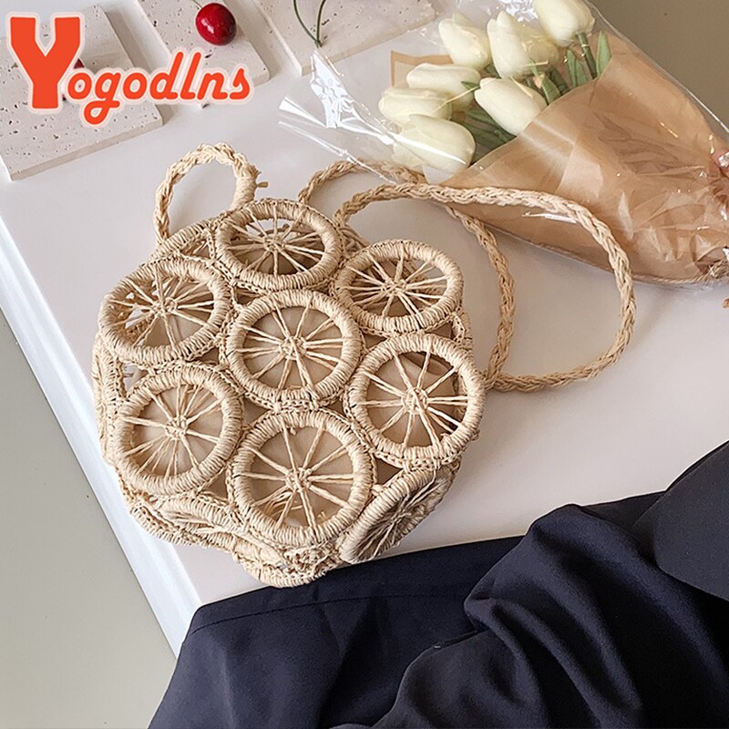 Yogodlns-Bolso de paja con forma de círculo para mujer, tejida a mano bandolera, para vacaciones, playa, bolso de hombro redondo, sa