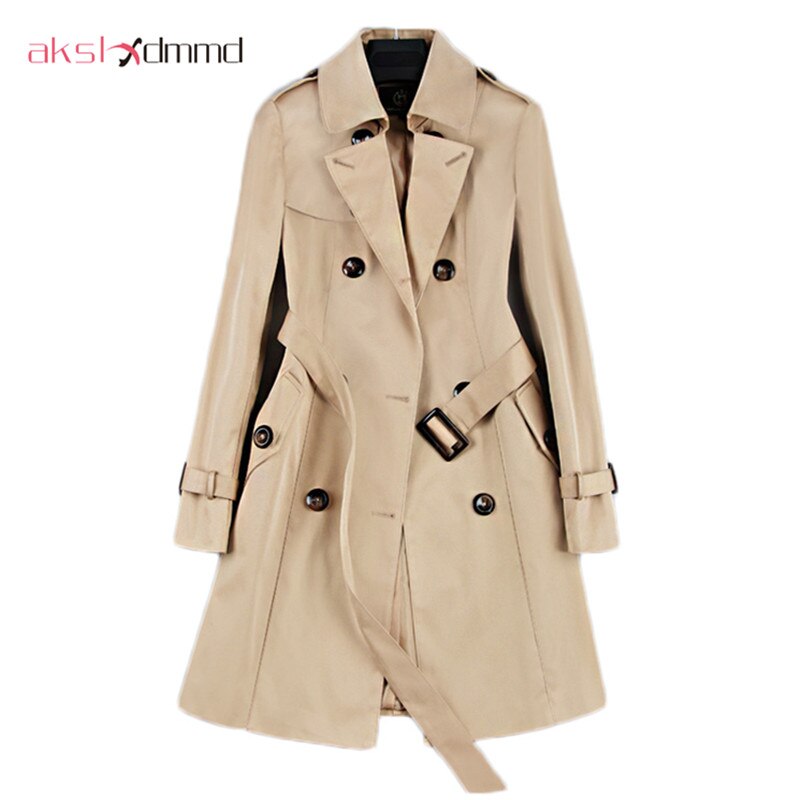 Double Breasted Mid-long Trench Coat Women Khaki Slim Belt Cloak Mujer Windbreaker Female Abrigos Brazil LH810