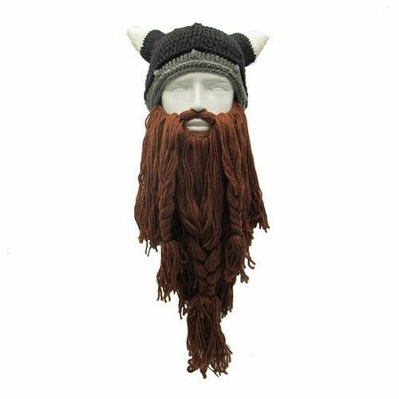 Hirigin Funny Crazy Cosplay Men Knit Viking Beard Horn Hat Ski Mask Cap Barbarian Vagabond Cool Beanie Winter Warm Unisex Hat