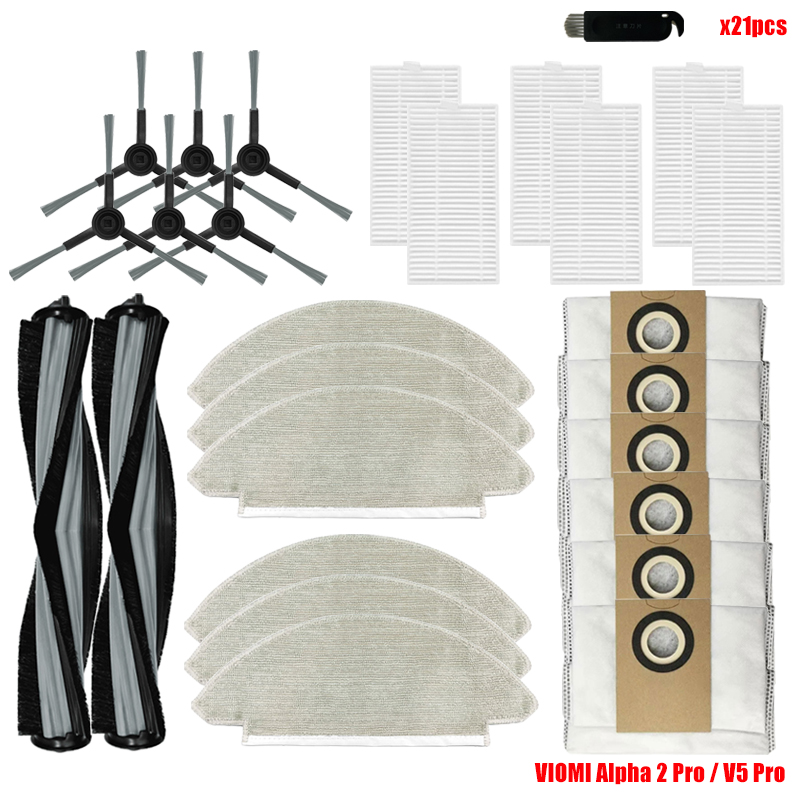 Pièces de rechange pour aspirateur robot Viomi Alpha 2 Pro / V5 Pro, brosse à rouleau, sac à poussière, vadrouille, chiffons, brosse latérale, filtre Hepa: green