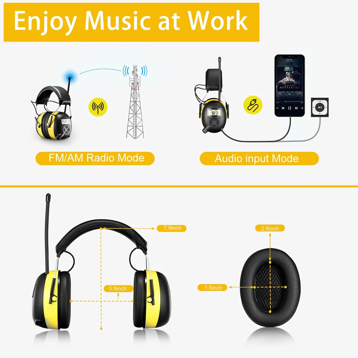 AM/FM radio headphones with digital display,30dB AM FM hearing protection safety ear cups for Mowing, Workshops.Construction