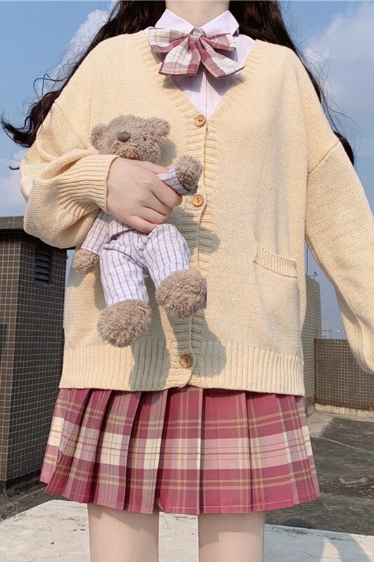 Japonés estilo universitario JK uniforme abrigo suéter chica dulce con cuello en V de la mediados de-longitud con cuello en V ropa chaqueta de chica de la escuela