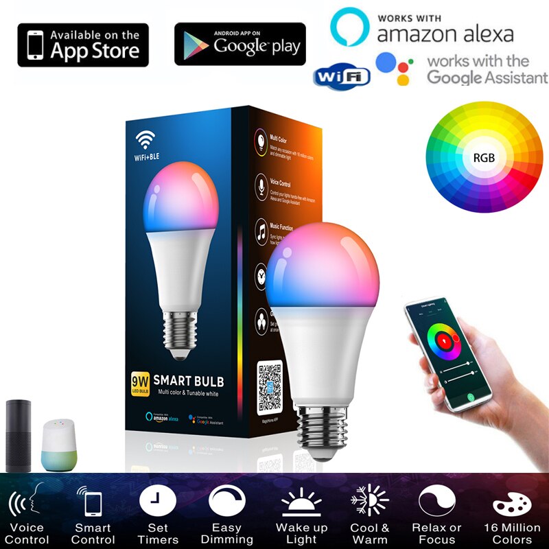 WiFi US 9W smart bulb can be used with Alexa RGB dimmable timer function remote control light with Bluetooth remote control