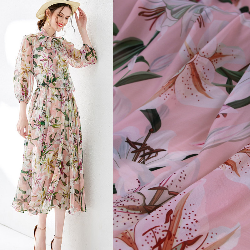 Rosa blume druck seide Chiffon stoff, weiche Chiffon dünnen stoff für kleid, lange Strand kleid Chiffon kleidung tissu au Meter