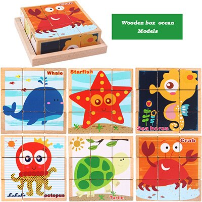 9pcs 6 lato giocattolo Del Bambino 3D Del Fumetto di Legno Tagliere blocco blocco blocco di cubi di Legno di Frutta Animale Traffico giocattoli Educativi per regalo dei bambini: Marine animal