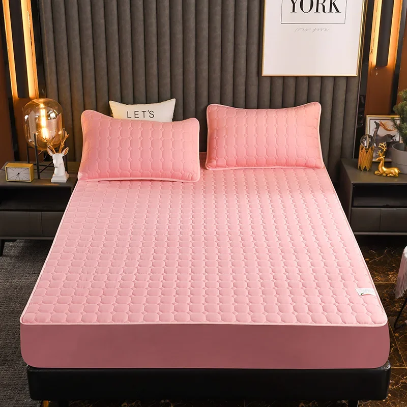 Optics-Drap-housse élastique matelassé pour lit double, housse de matelas douce et respirante, housse en lin avec poche profonde: US-Queen / Rose