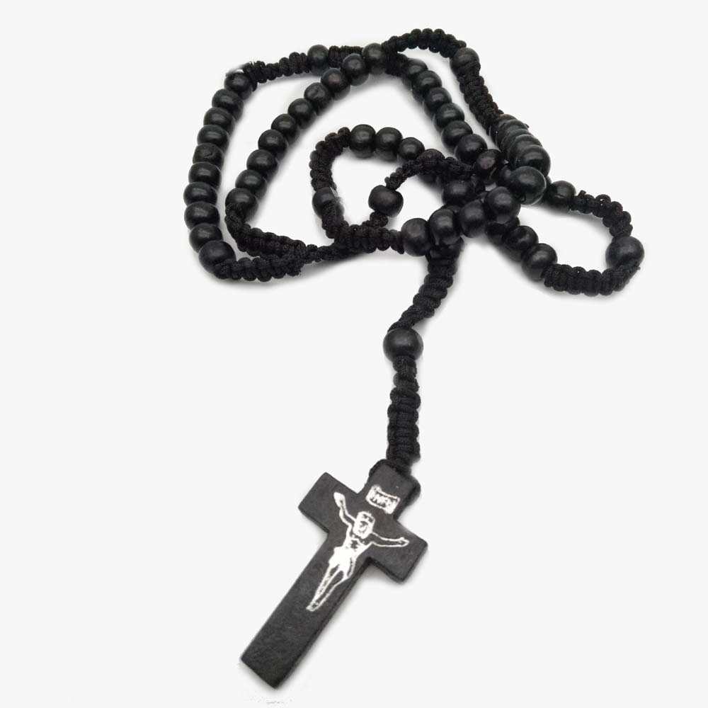 Katolsk rosenkrans halskædehåndlavet kryds halskæde religiøse smykker: Sort