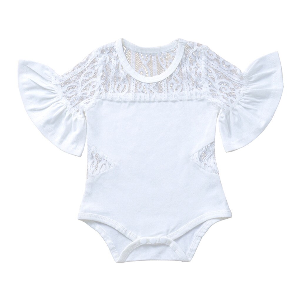 Mameluco de Niña 0-2 y recién nacido bebé niñas mangas acampanadas de encaje hueco mameluco ropa de verano bebé niños trajes ropa: Blanco / 6 meses