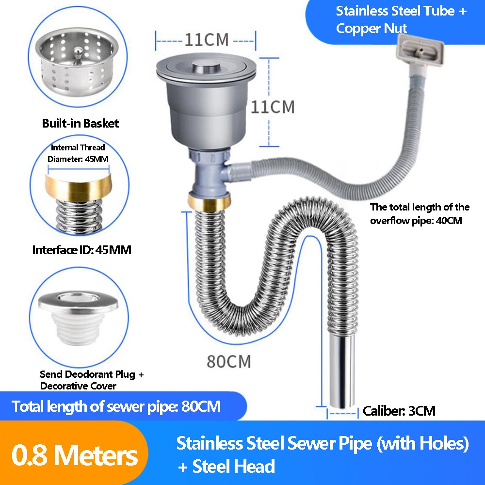 0.6M/0.8M/1M/1.3M Gootsteen Afvoer Slang Gootsteen Fittingen Afdruiprek Afvoer slang Rvs Vaatwasser Zwembad Enkele Tank: 0.8M-Hole  H