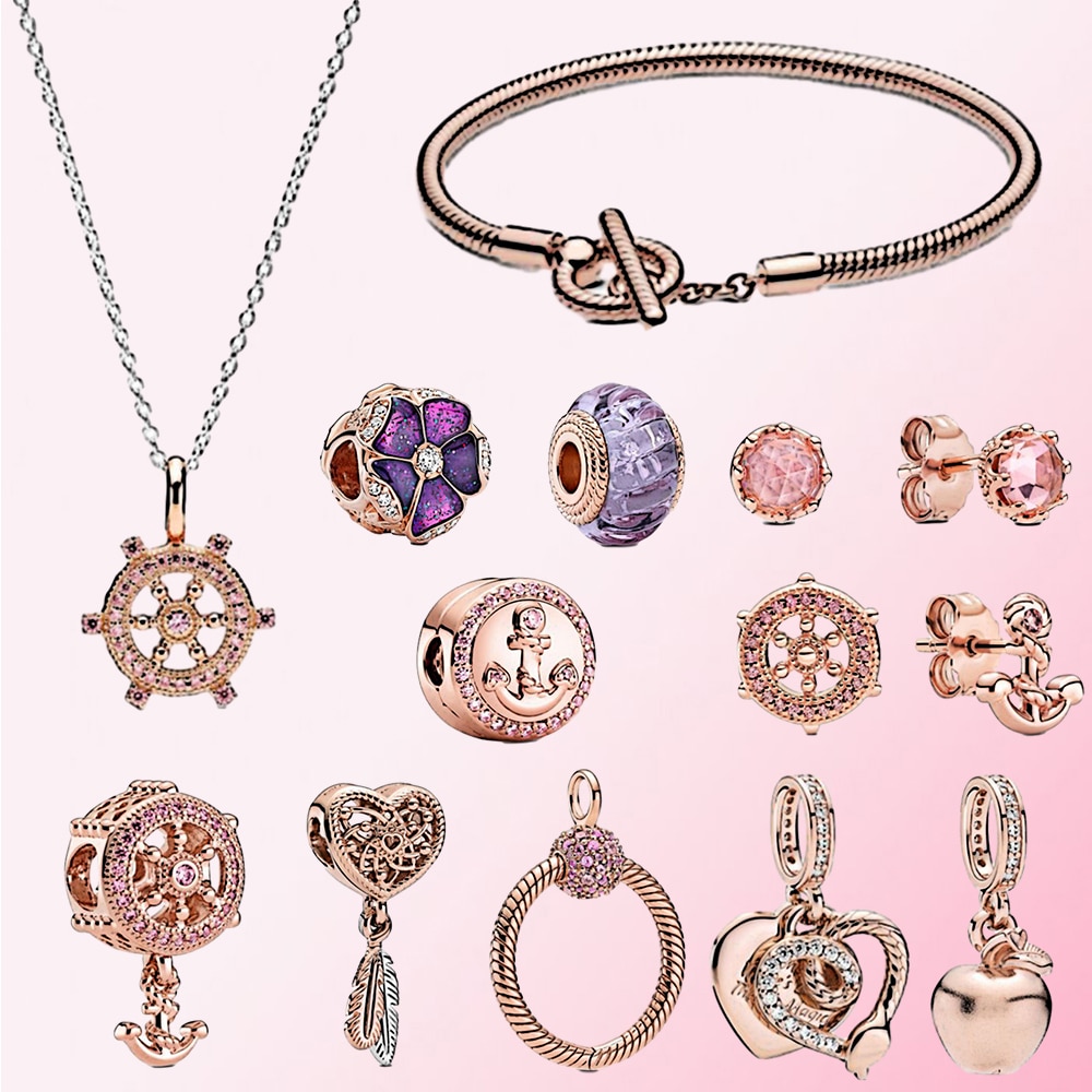 Autumn 925 Silver Rose Purple Flower Helm & Anchor Charm Clip Heart Pendant Snake Chain Bracelet Necklace Pink Earrings