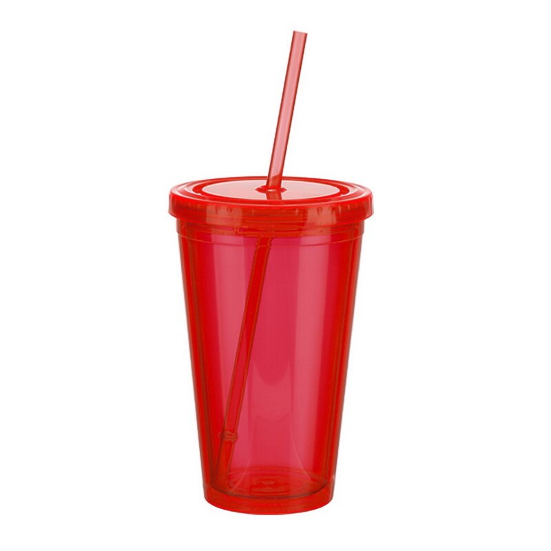 1 pc 500ml copo de chá de suco de café duplo-murado gelo bebida fria reusável smoothie plástico gelado tumbler caneca de viagem com palha: red
