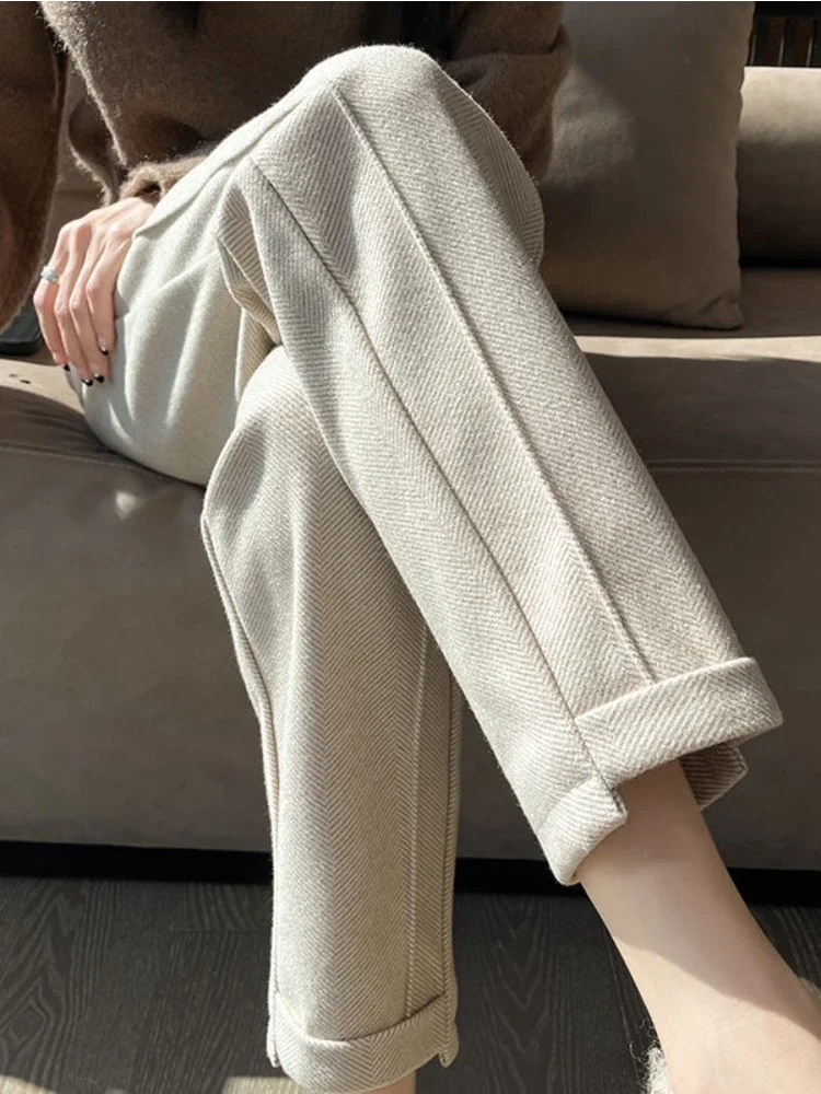 Pantalones rectos de Tweed de cintura alta para mujer, pantalón corto grueso y cálido, holgado, informal, en espiga, otoño/invierno, 2025