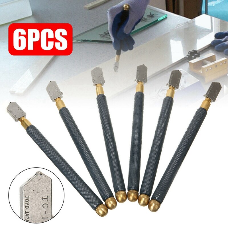 6Pcs TC-17 Oil Glass Cutter Metal Handle Diamond Straight Head Cutting Tool Pack