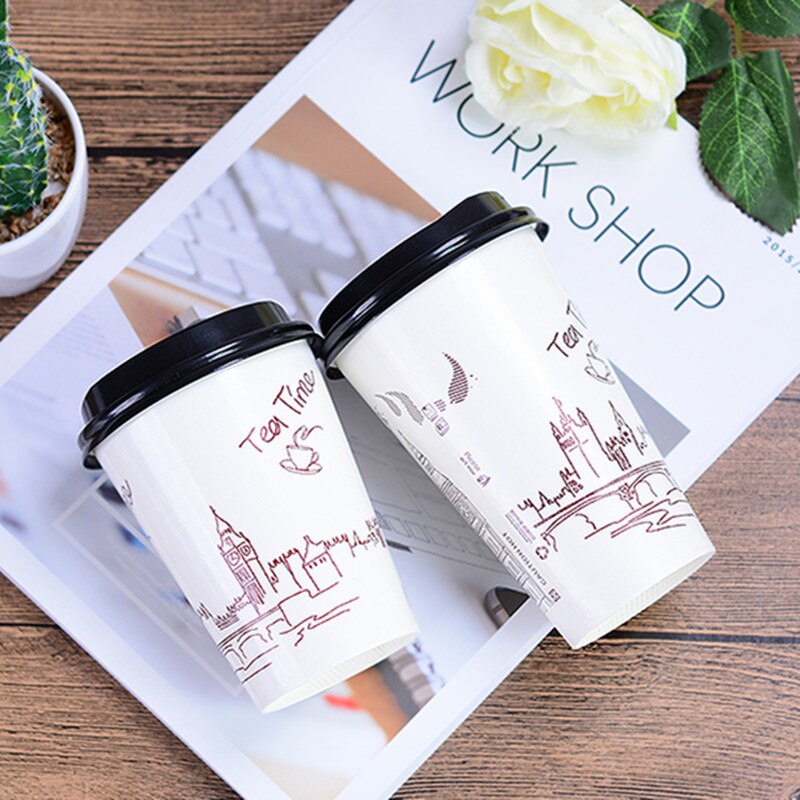50 st engångs tjock mjölk te kopp parti gynnar dubbelbelagd kaffepapper kopp kall och dryck förpackning koppar: Kopp och lock / 250ml 50 st