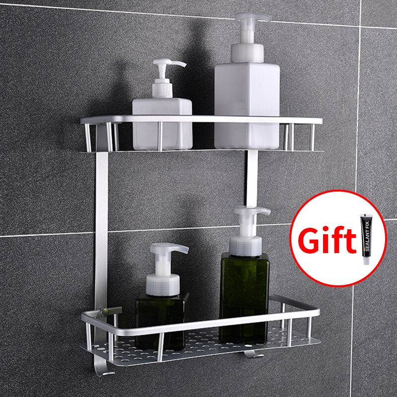Bathroom Shelf Organizer Space Aluminum Kitchen Khelf Storage No Punching Shower Wall Shelves Caddy Waterproof Shampoo Holder: 2 layer standard