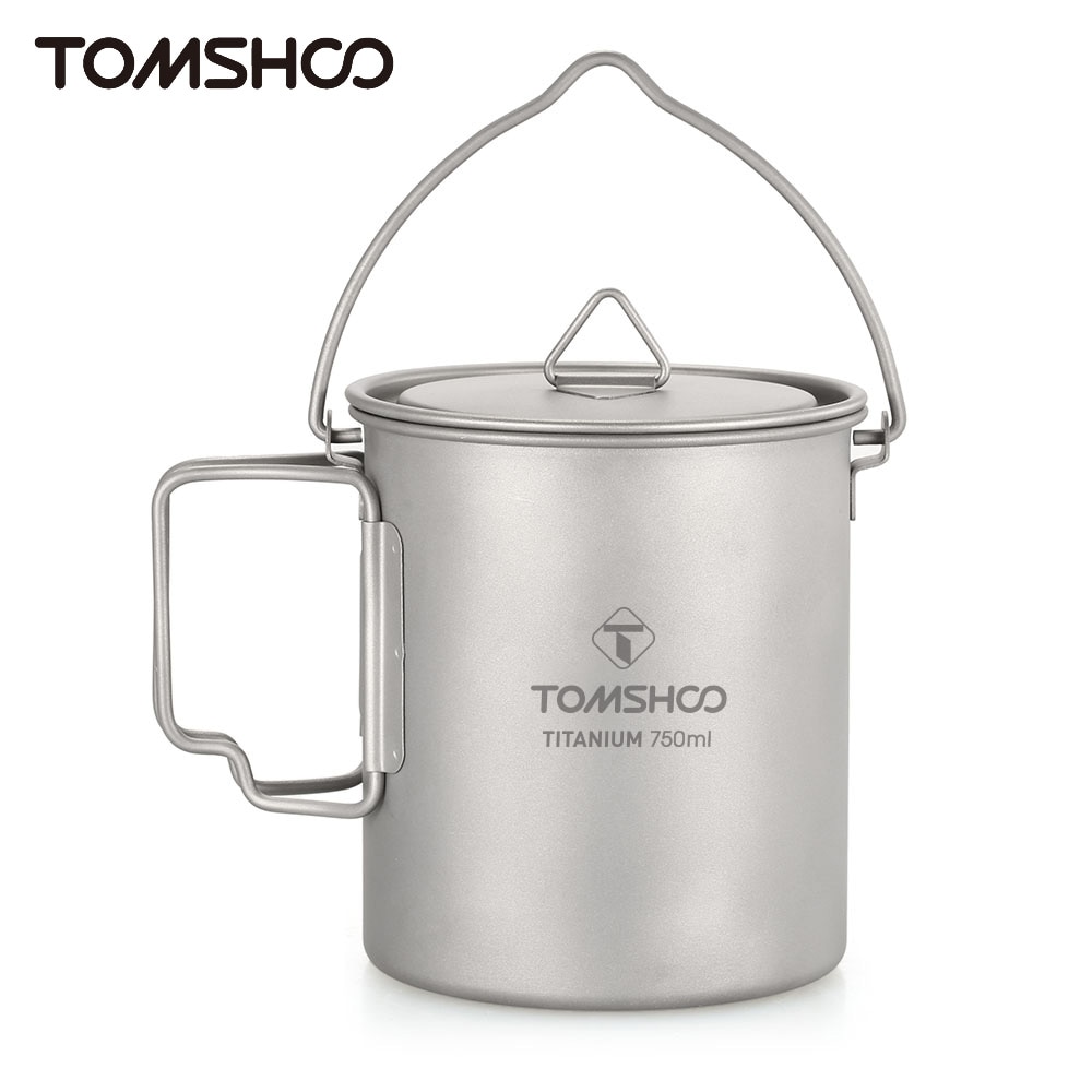 Tomshoo Ultralight 750ml Titanium Pot Portable Titanium Water Mug Cup w/ Lid Foldable Handle Outdoor Camping Picnic Supplies