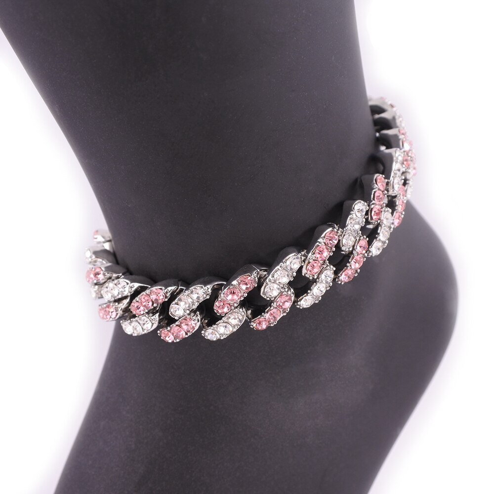 cuban link anklets hip hop women chain foot legs jewelry 12mm cuban chain pink crystal rose gold silver color iced out: SilverMixPink 10inch