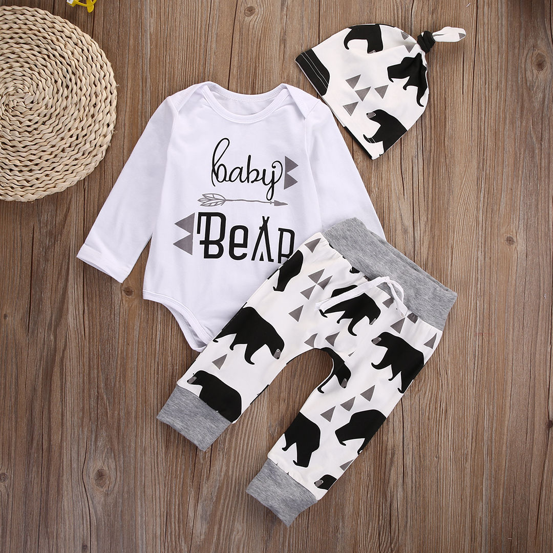 3Pcs baby Boys clothes Bear letter Pattern long sleeve Romepr+ pants +Hat 3pcs suit newborn baby boy clothing set