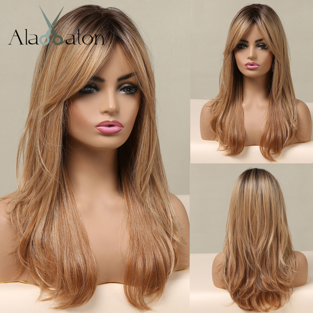 Alan eaton lang naturlig bølge parykk for kvinner ombre svart brun gylden blond syntetisk parykk med pannelugg cosplay varmebestandig hår