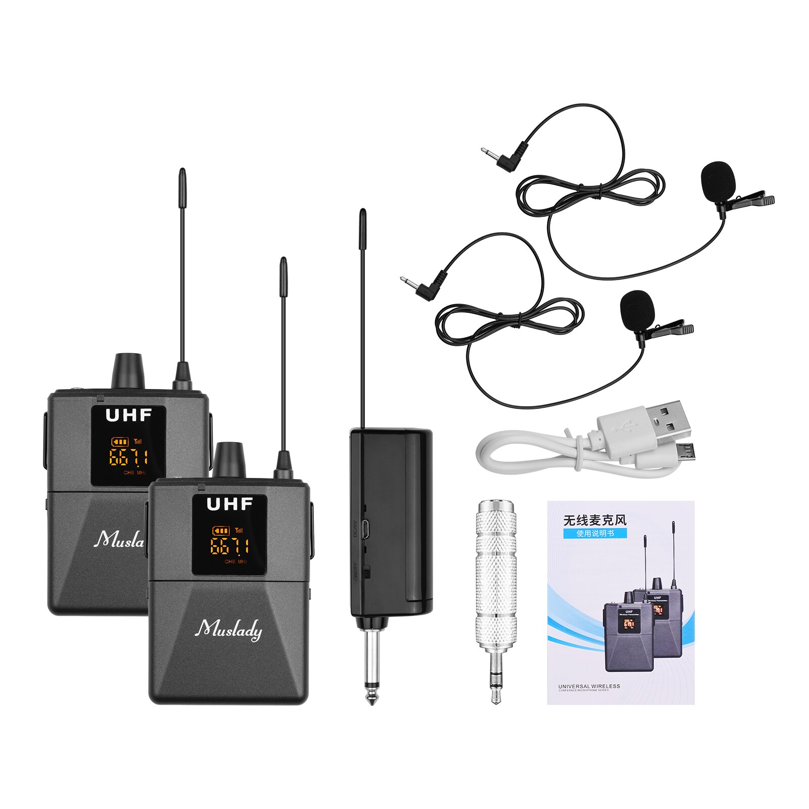 UHF Wireless Microphone System with Microphone Body-pack Transmitter and Receiver 6.35mm Plug with 3.5mm Adapter: 2 TX and 1 RX